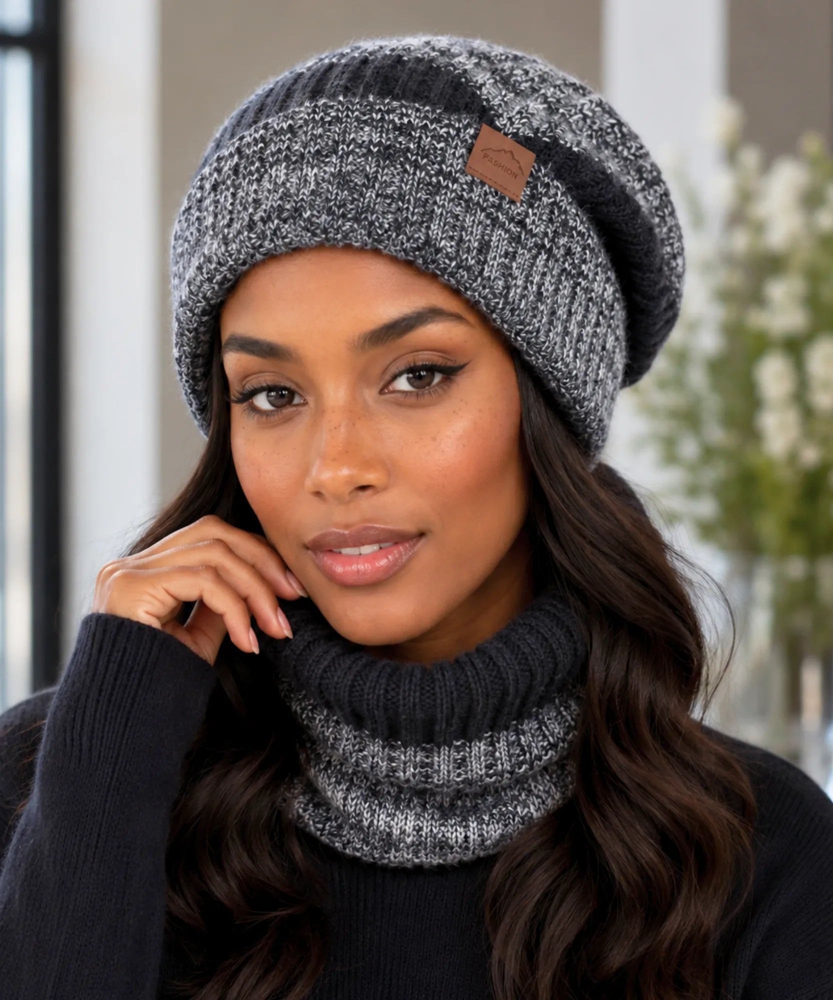Comprar kit touca e cachecol feminino tricot oversized forro veludo gola circular inverno 2 peças barata em promoção ANELLIMN  