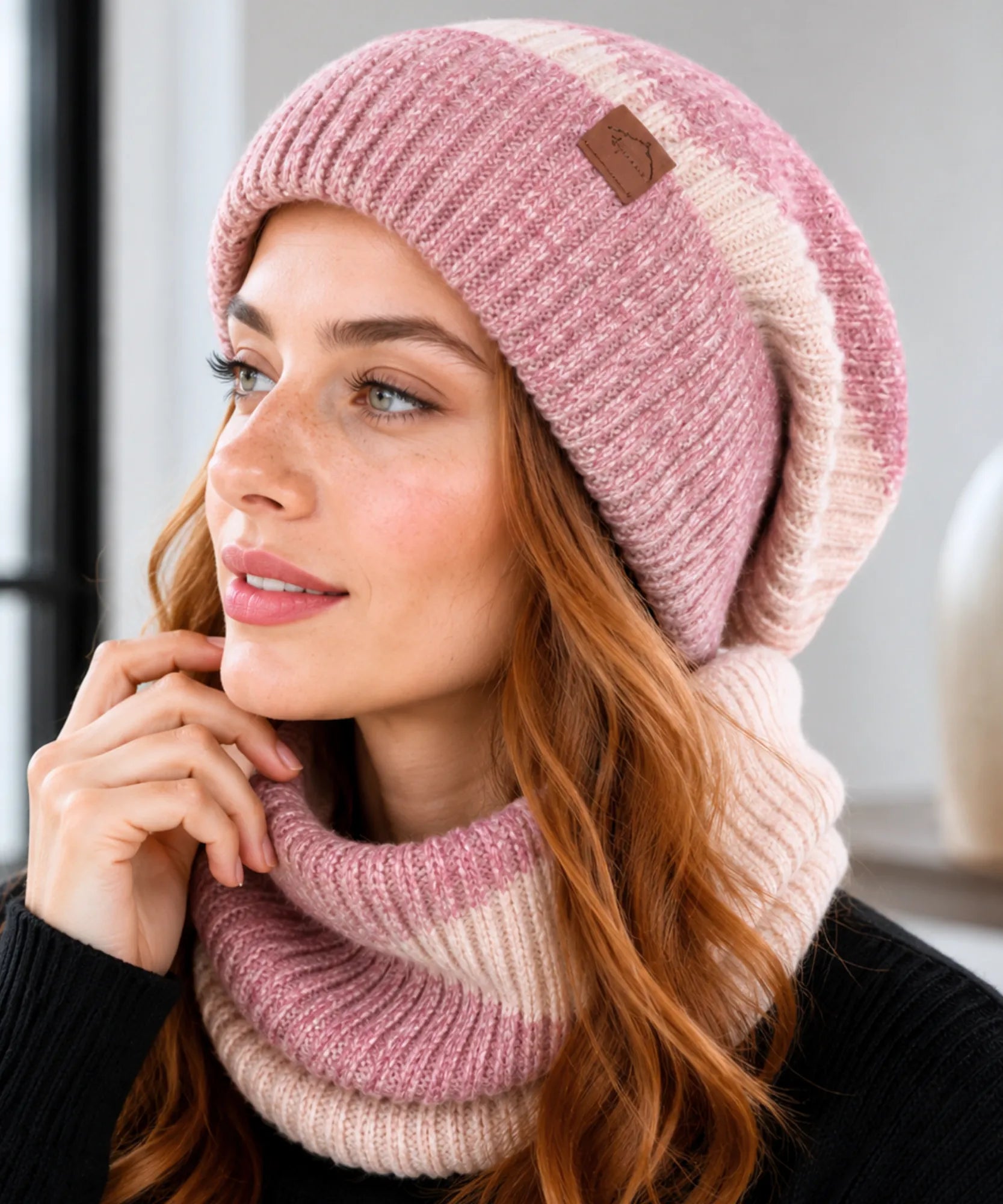 Comprar kit touca e cachecol feminino tricot oversized forro veludo gola circular inverno 2 peças barata em promoção ANELLIMN  