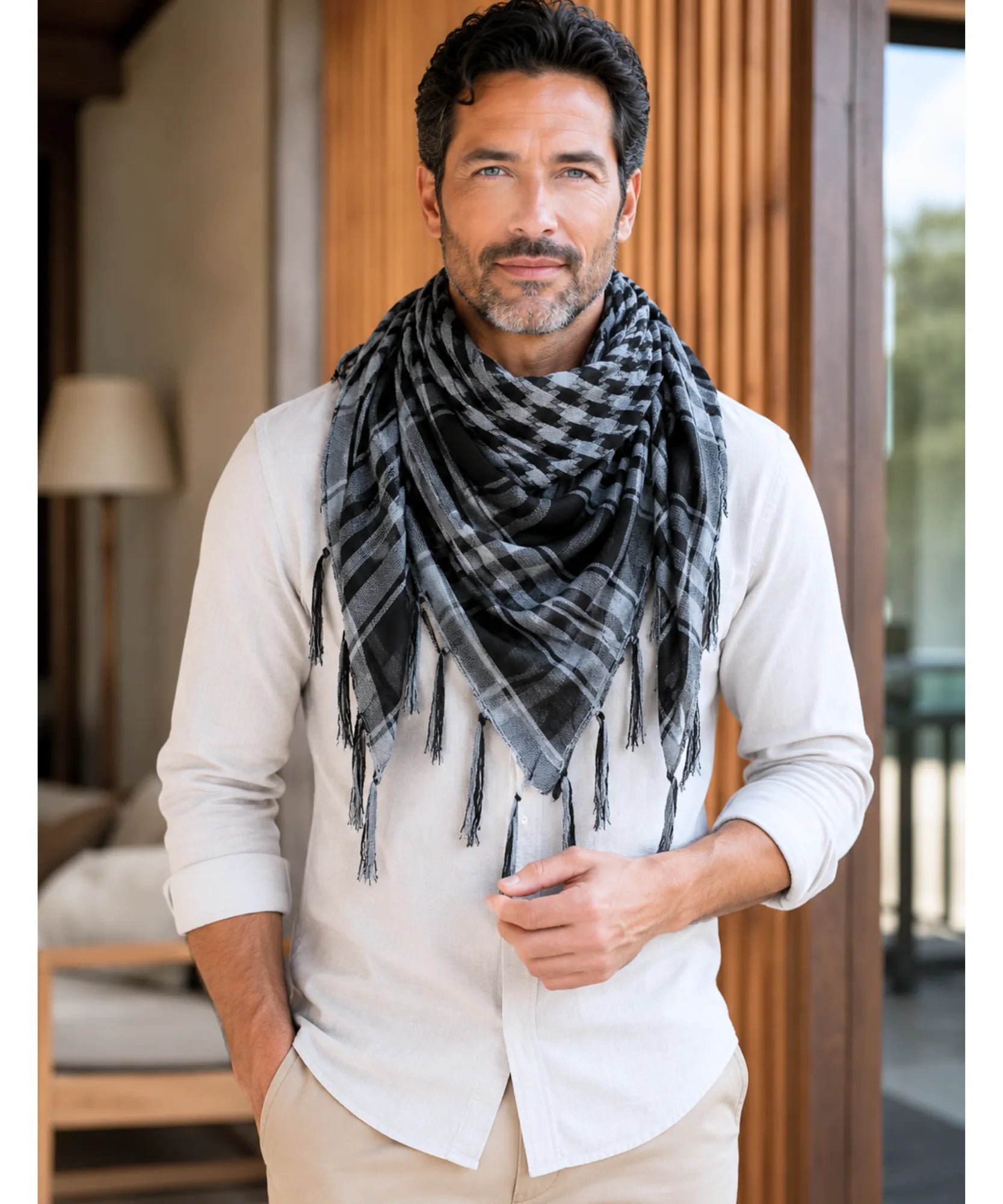 Comprar lenço xadrez masculino com franjas cachecol quadrado 98x98 cm leve respirável estilo urbano barato em promoção ANELLIMN