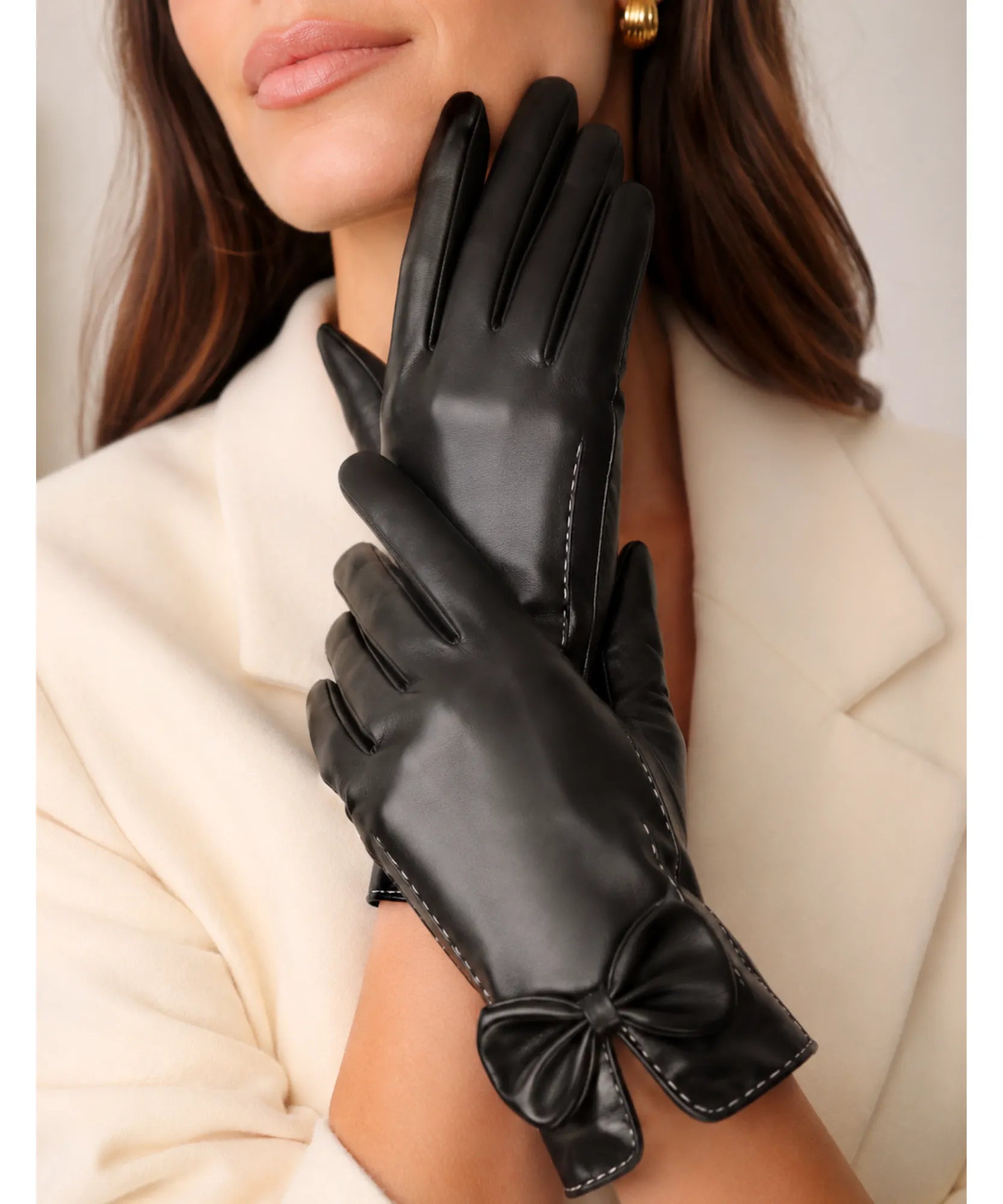 Comprar luva feminina de frio com pelo camurça touchscreen detalhe dourado inverno elegante em promoção ANELLIMN