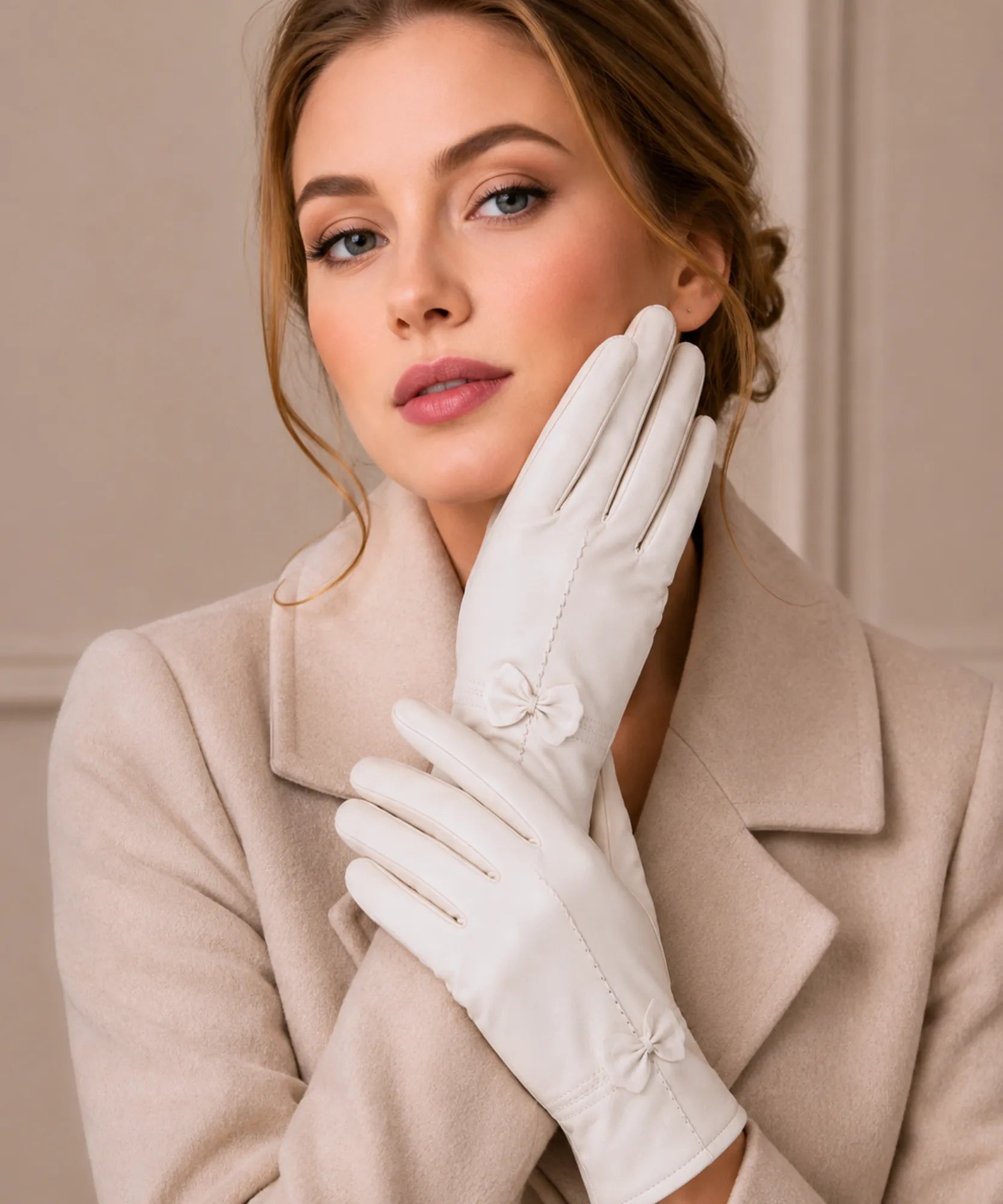 Comprar luva de couro feminina forro quente detalhe flor costura decorativa corte justo inverno elegante em promoção ANELLIMN
