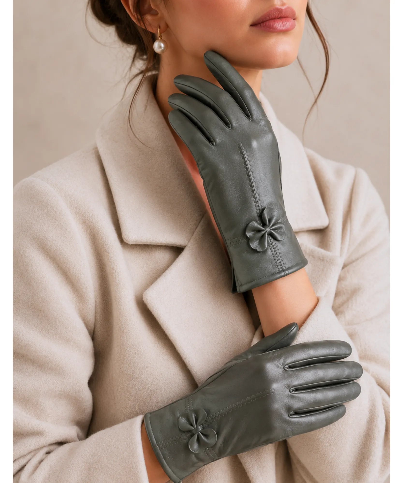 Comprar luva de couro feminina forro quente detalhe flor costura decorativa corte justo inverno elegante em promoção ANELLIMN