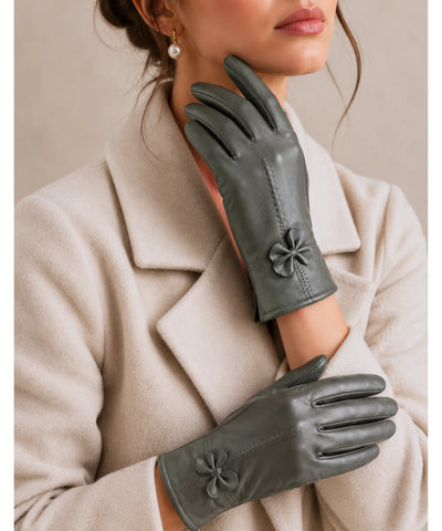 Comprar luva de couro feminina forro quente detalhe flor costura decorativa corte justo inverno elegante em promoção ANELLIMN