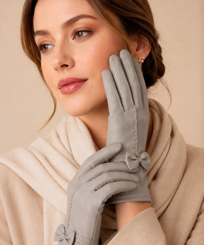 Comprar luva de couro feminina forro quente detalhe flor costura decorativa corte justo inverno elegante em promoção ANELLIMN