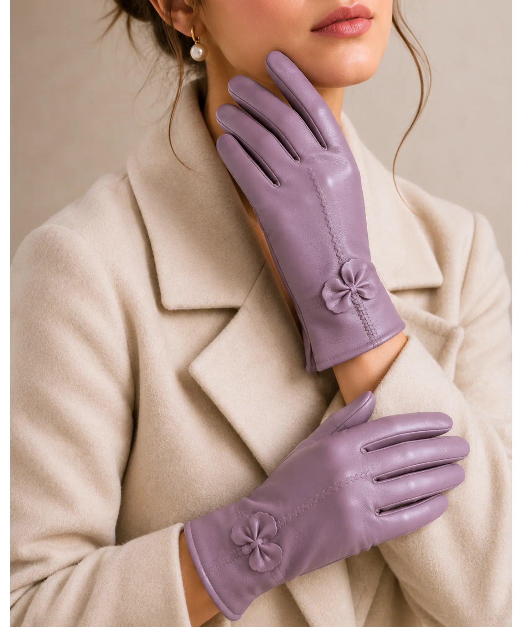 Comprar luva de couro feminina forro quente detalhe flor costura decorativa corte justo inverno elegante em promoção ANELLIMN