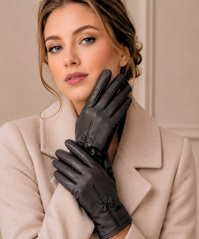 Comprar luva de couro feminina forro quente detalhe flor costura decorativa corte justo inverno elegante em promoção ANELLIMN