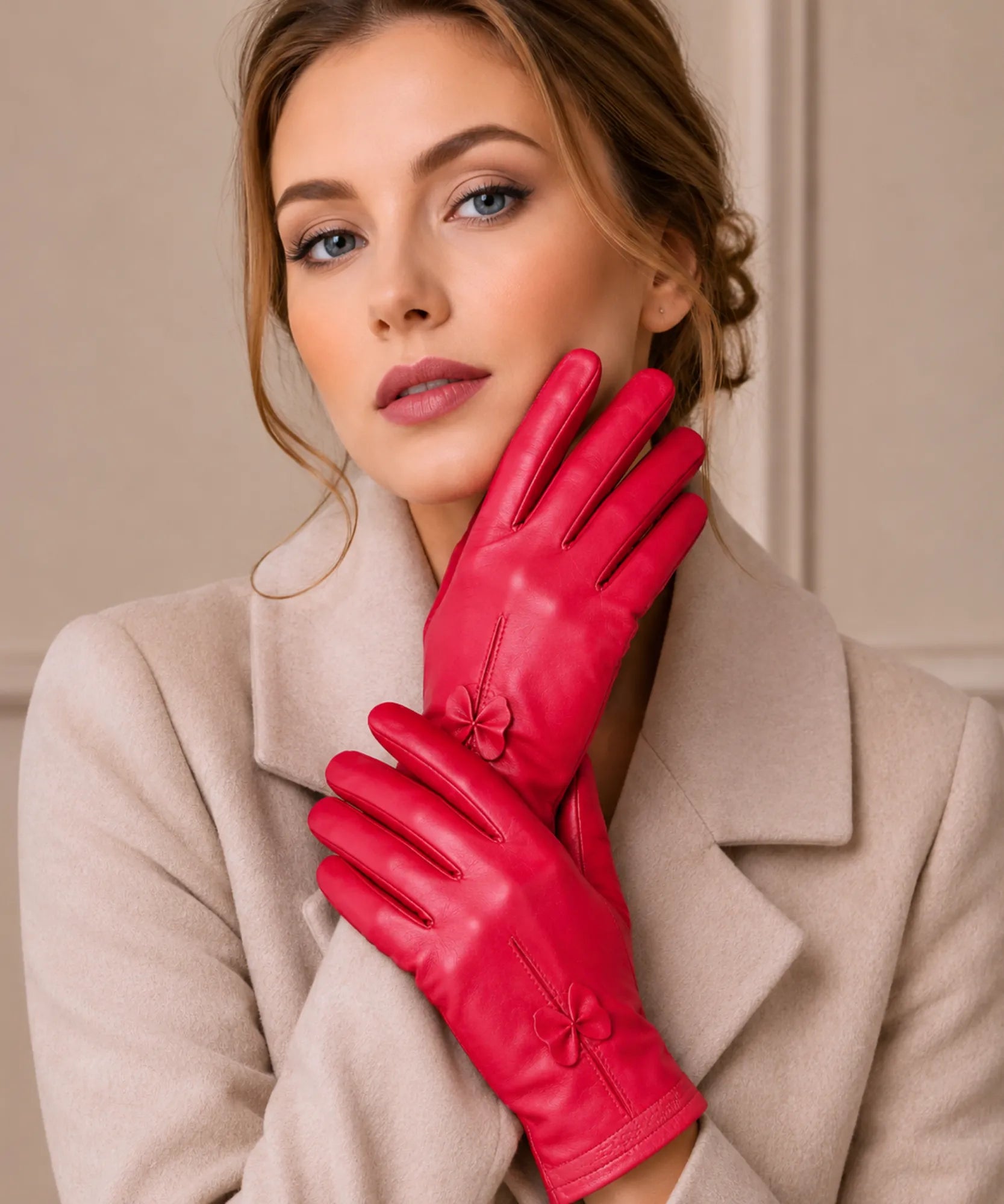 Comprar luva de couro feminina forro quente detalhe flor costura decorativa corte justo inverno elegante em promoção ANELLIMN