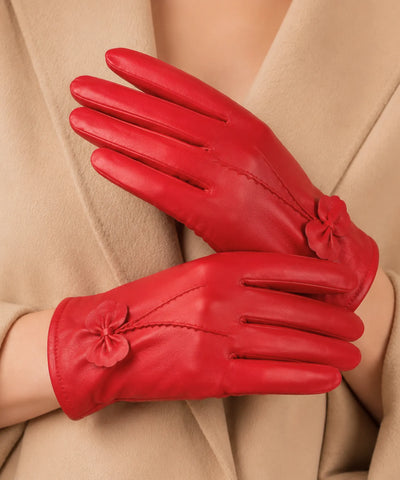 Comprar luva de couro feminina forro quente detalhe flor costura decorativa corte justo inverno elegante em promoção ANELLIMN