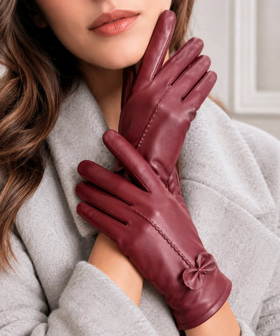 Comprar luva de couro feminina forro quente detalhe flor costura decorativa corte justo inverno elegante em promoção ANELLIMN