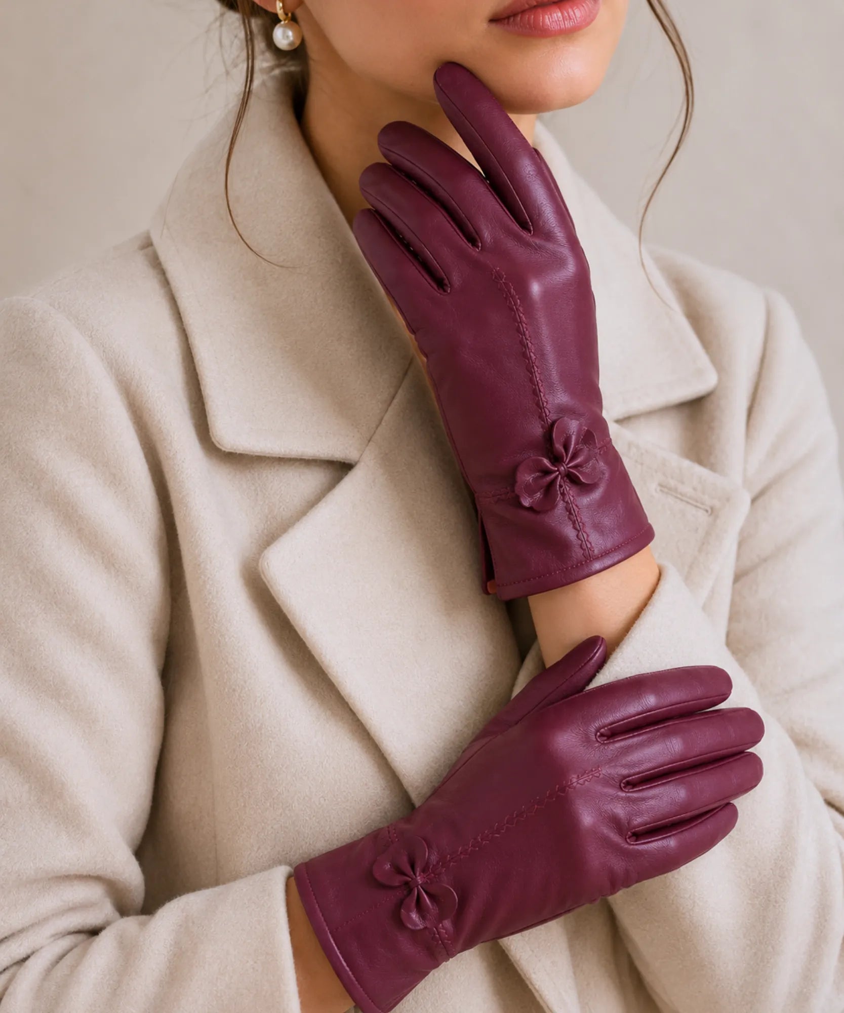 Comprar luva de couro feminina forro quente detalhe flor costura decorativa corte justo inverno elegante em promoção ANELLIMN