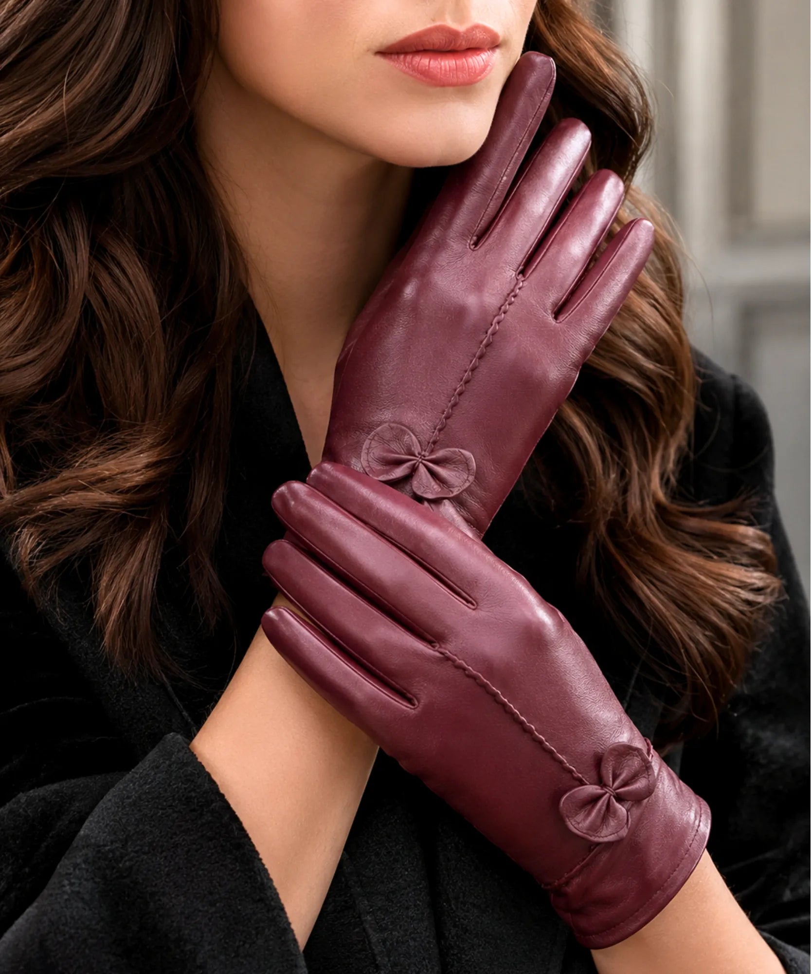 Comprar luva de couro feminina forro quente detalhe flor costura decorativa corte justo inverno elegante em promoção ANELLIMN