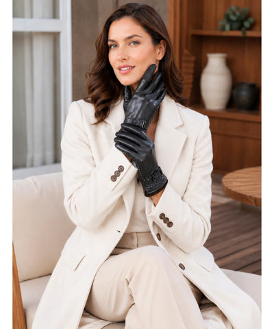 Comprar luva de frio feminina couro ecológico forro pelúcia punho tricot botão elegante inverno barata em promoção ANELLIMN