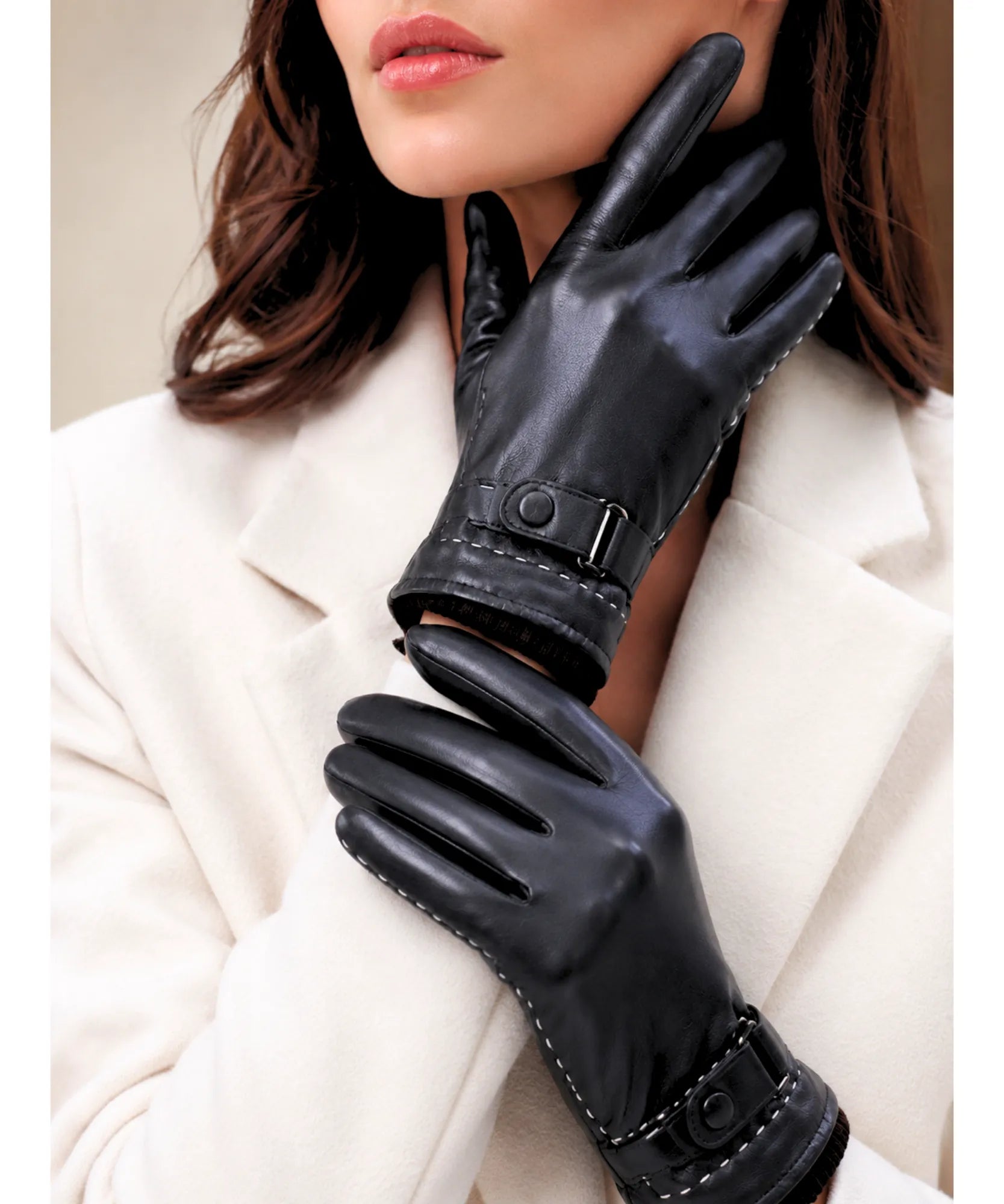 Comprar luva de frio feminina couro ecológico forro pelúcia punho tricot botão elegante inverno barata em promoção ANELLIMN