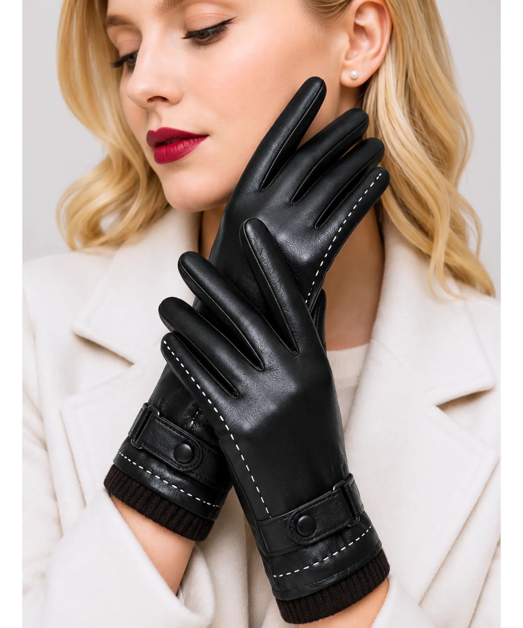 Comprar luva de frio feminina couro ecológico forro pelúcia punho tricot botão elegante inverno barata em promoção ANELLIMN