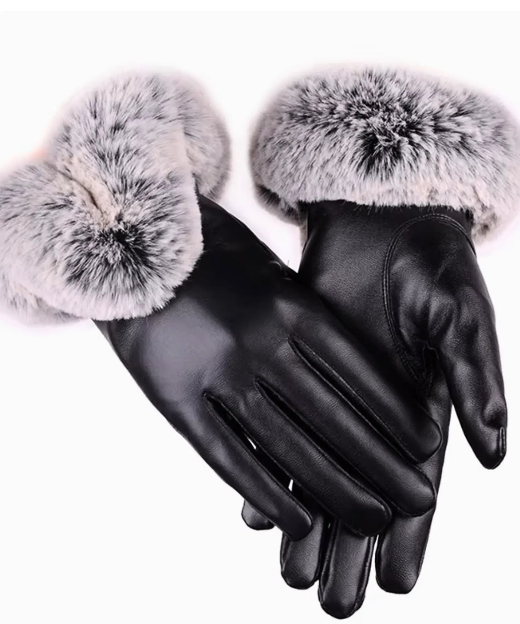 Comprar luva de frio feminina couro pelo volumoso punho touchscreen inverno elegante barato em promoção ANELLIMN