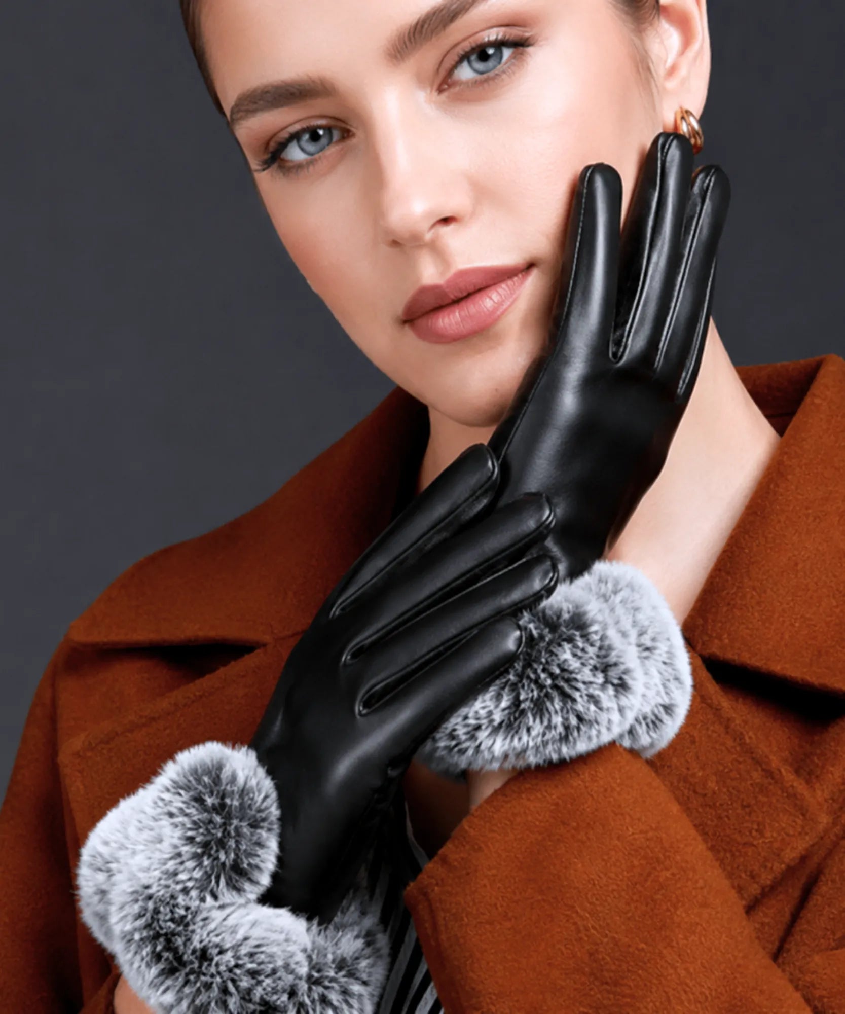 Comprar luva de frio feminina couro pelo volumoso punho touchscreen inverno elegante barato em promoção ANELLIMN