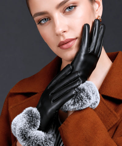 Comprar luva de frio feminina couro pelo volumoso punho touchscreen inverno elegante barato em promoção ANELLIMN