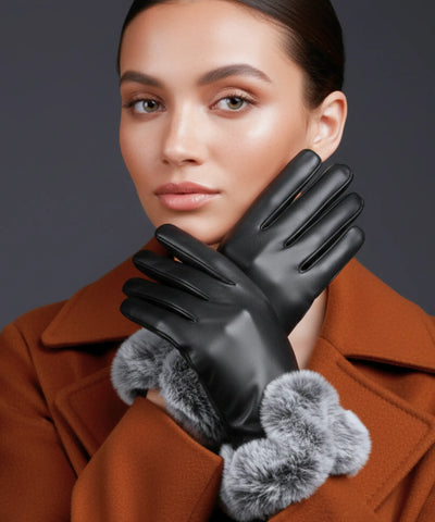 Comprar luva de frio feminina couro pelo volumoso punho touchscreen inverno elegante barato em promoção ANELLIMN