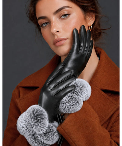 Comprar luva de frio feminina couro pelo volumoso punho touchscreen inverno elegante barato em promoção ANELLIMN