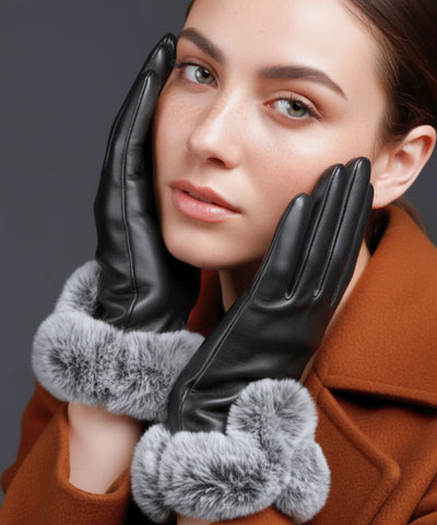 Comprar luva de frio feminina couro pelo volumoso punho touchscreen inverno elegante barato em promoção ANELLIMN