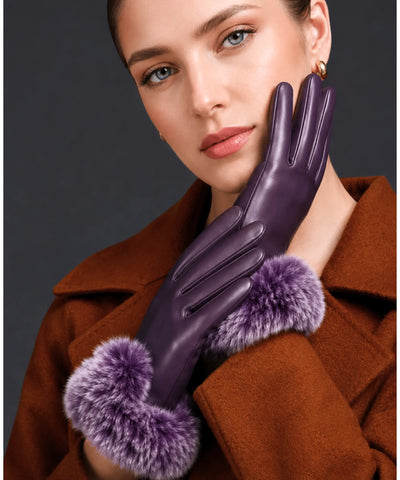 Comprar luva de frio feminina couro pelo volumoso punho touchscreen inverno elegante barato em promoção ANELLIMN