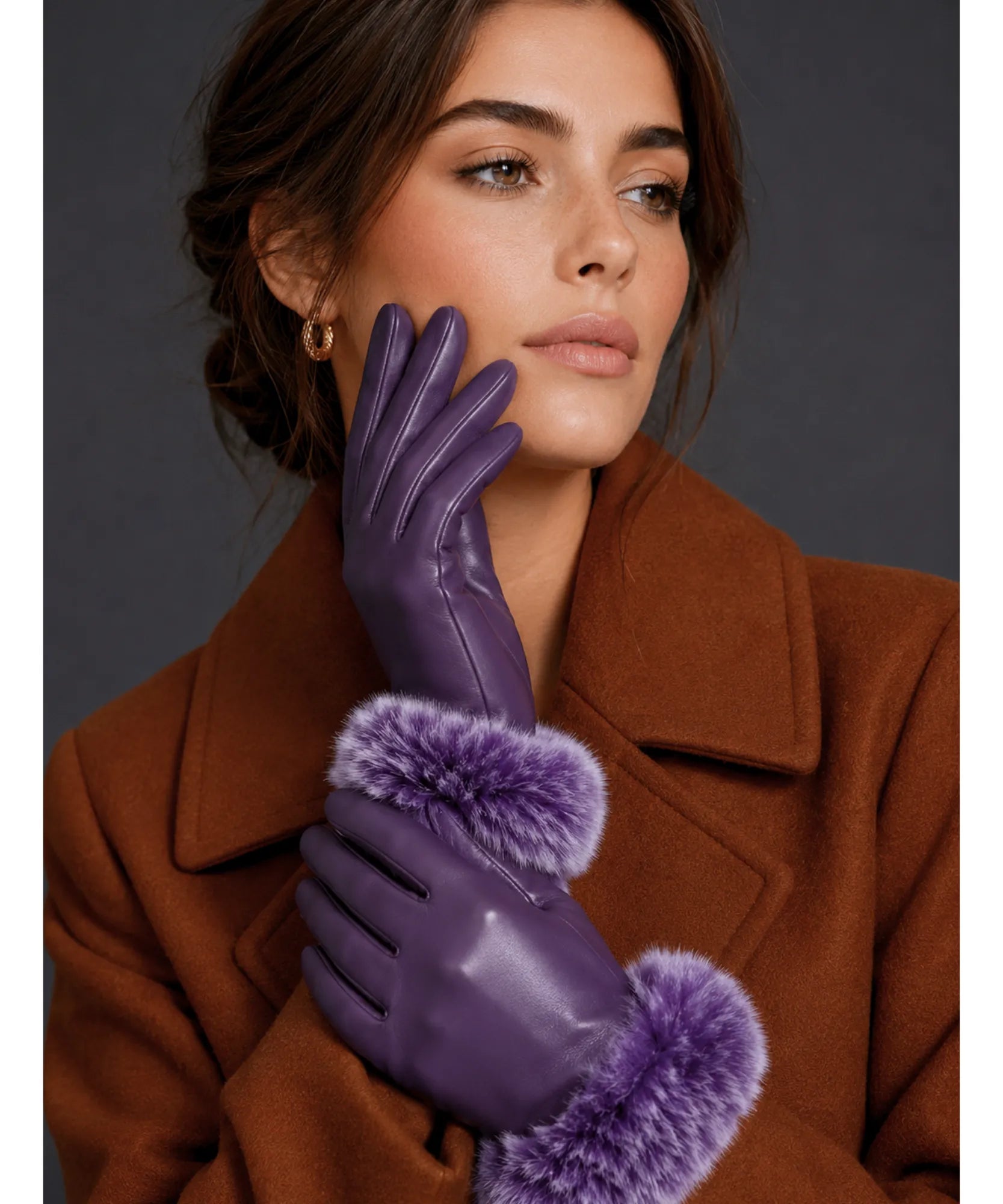 Comprar luva de frio feminina couro pelo volumoso punho touchscreen inverno elegante barato em promoção ANELLIMN