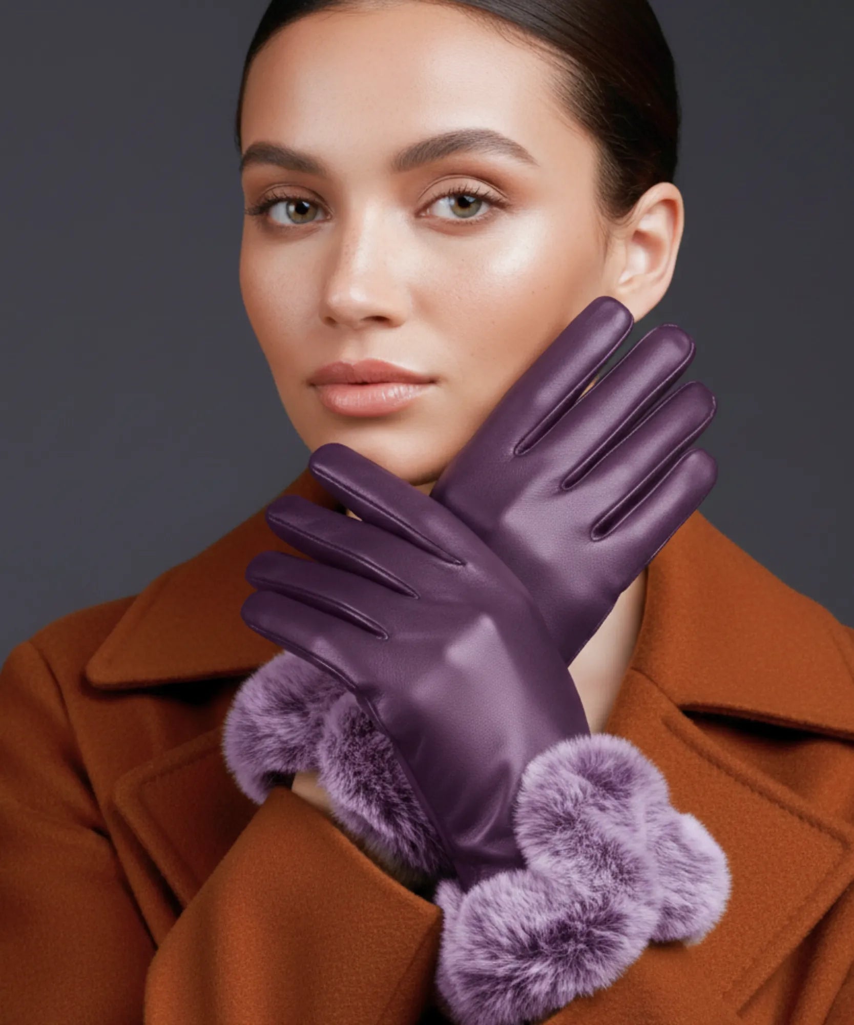 Comprar luva de frio feminina couro pelo volumoso punho touchscreen inverno elegante barato em promoção ANELLIMN