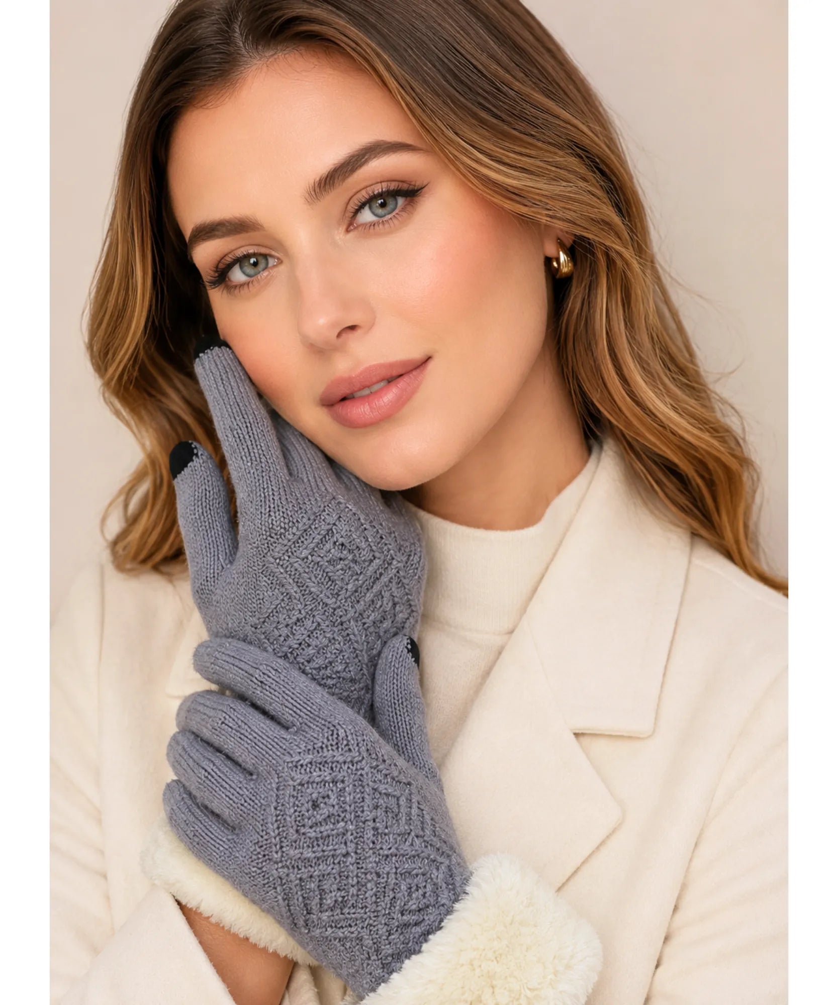 Comprar luva de frio feminina térmica tricotada borda pelúcia forro felpudo touchscreen textura relevo inverno em promoção ANELLIMN