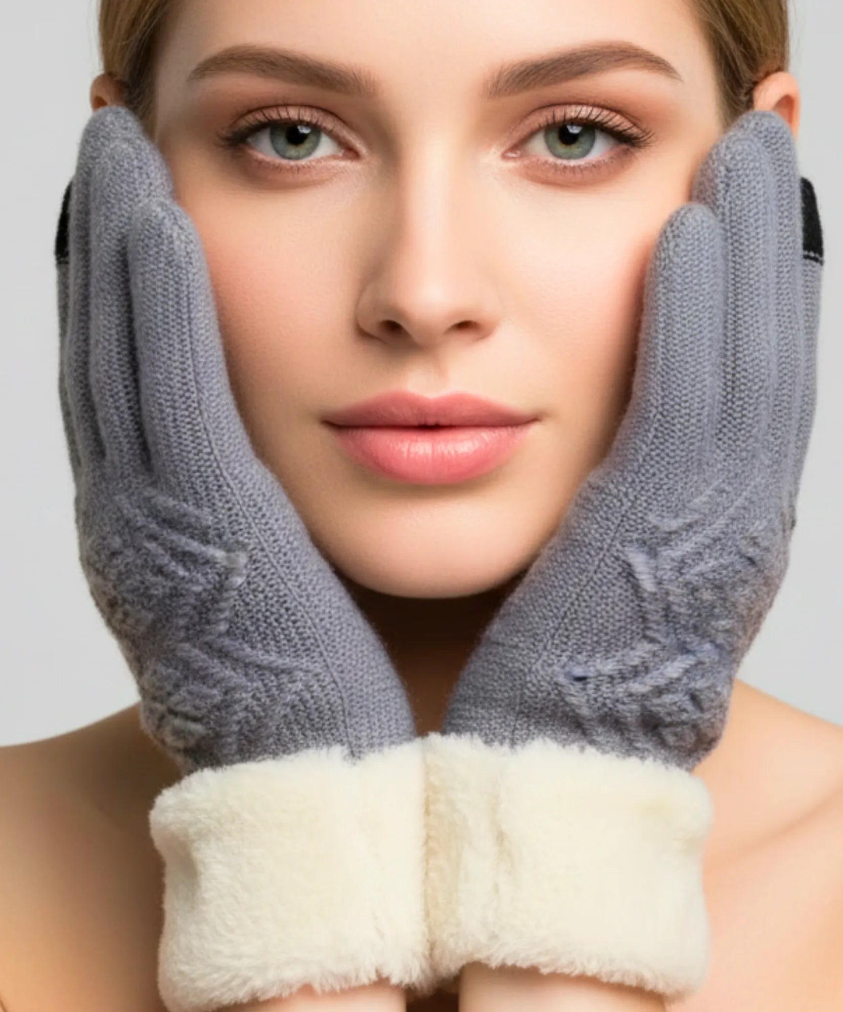 Comprar luva de frio feminina térmica tricotada borda pelúcia forro felpudo touchscreen textura relevo inverno em promoção ANELLIMN