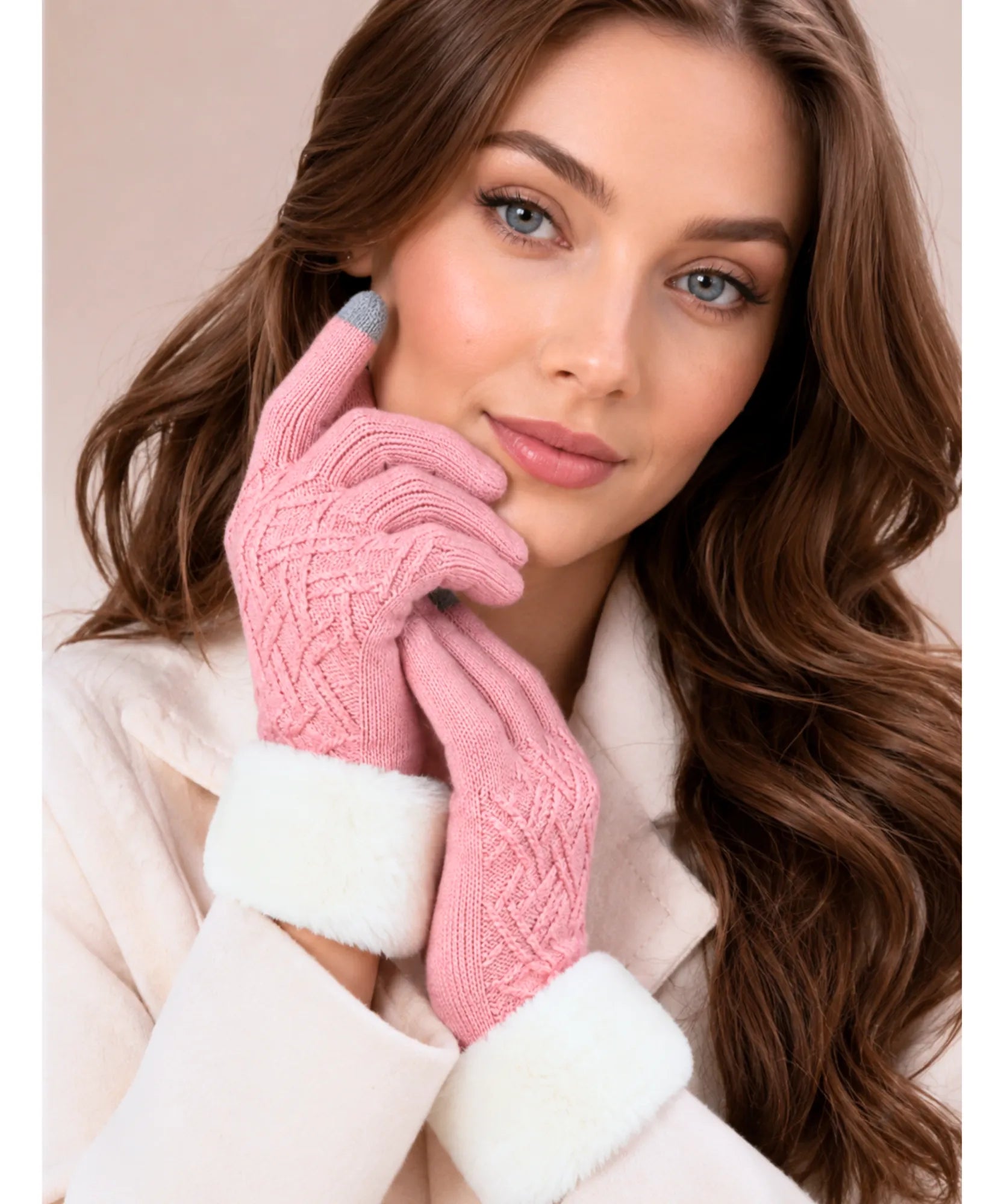 Comprar luva de frio feminina térmica tricotada borda pelúcia forro felpudo touchscreen textura relevo inverno em promoção ANELLIMN