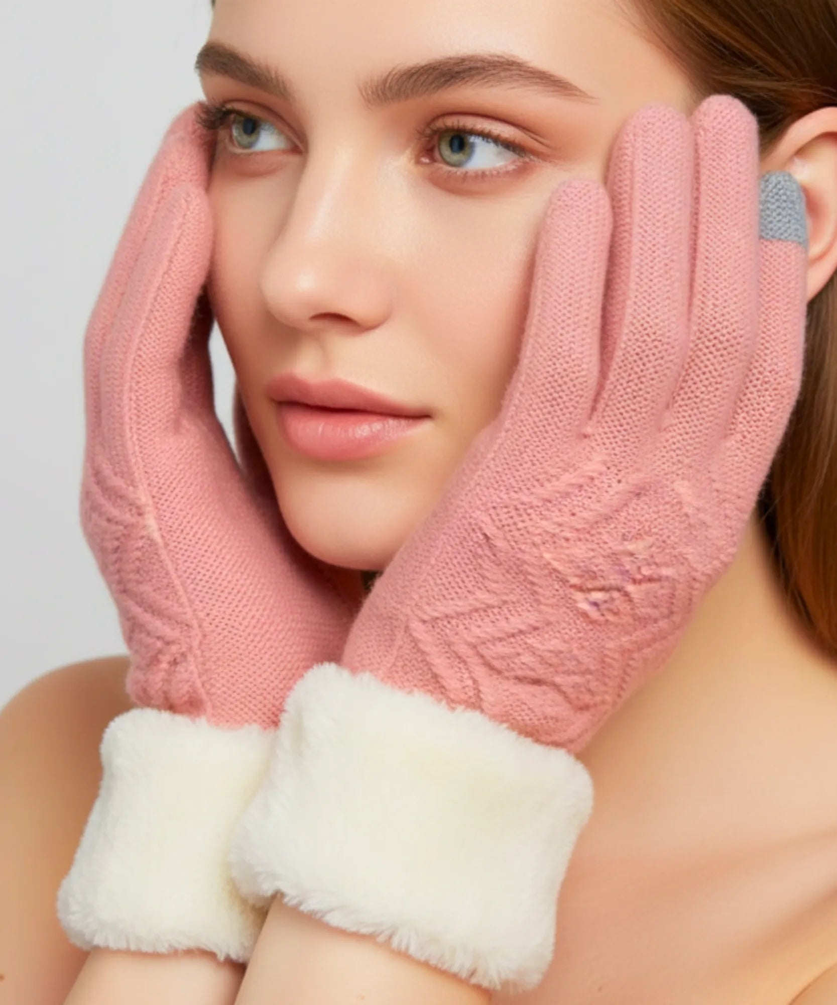 Comprar luva de frio feminina térmica tricotada borda pelúcia forro felpudo touchscreen textura relevo inverno em promoção ANELLIMN