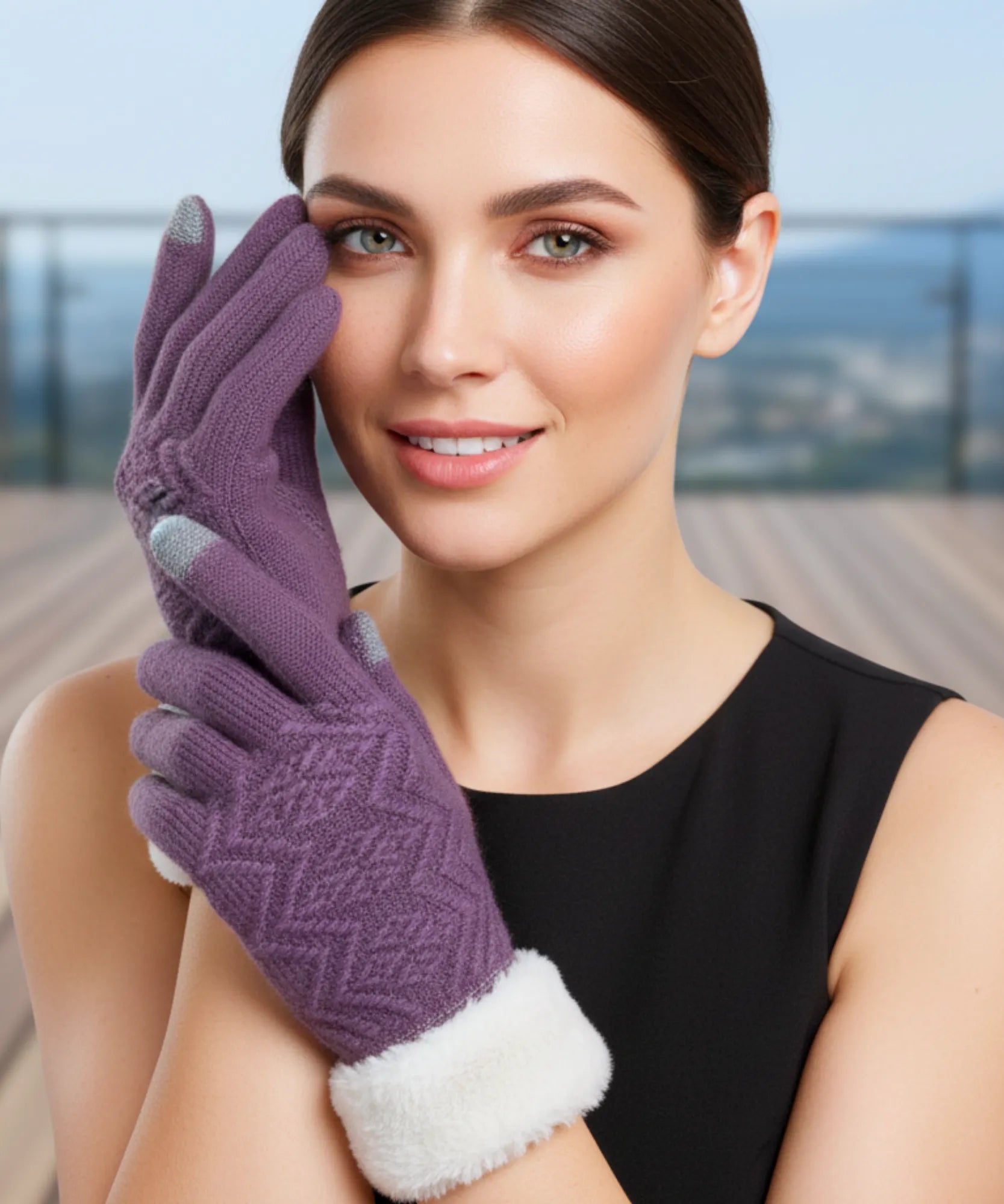 Comprar luva de frio feminina térmica tricotada borda pelúcia forro felpudo touchscreen textura relevo inverno em promoção ANELLIMN