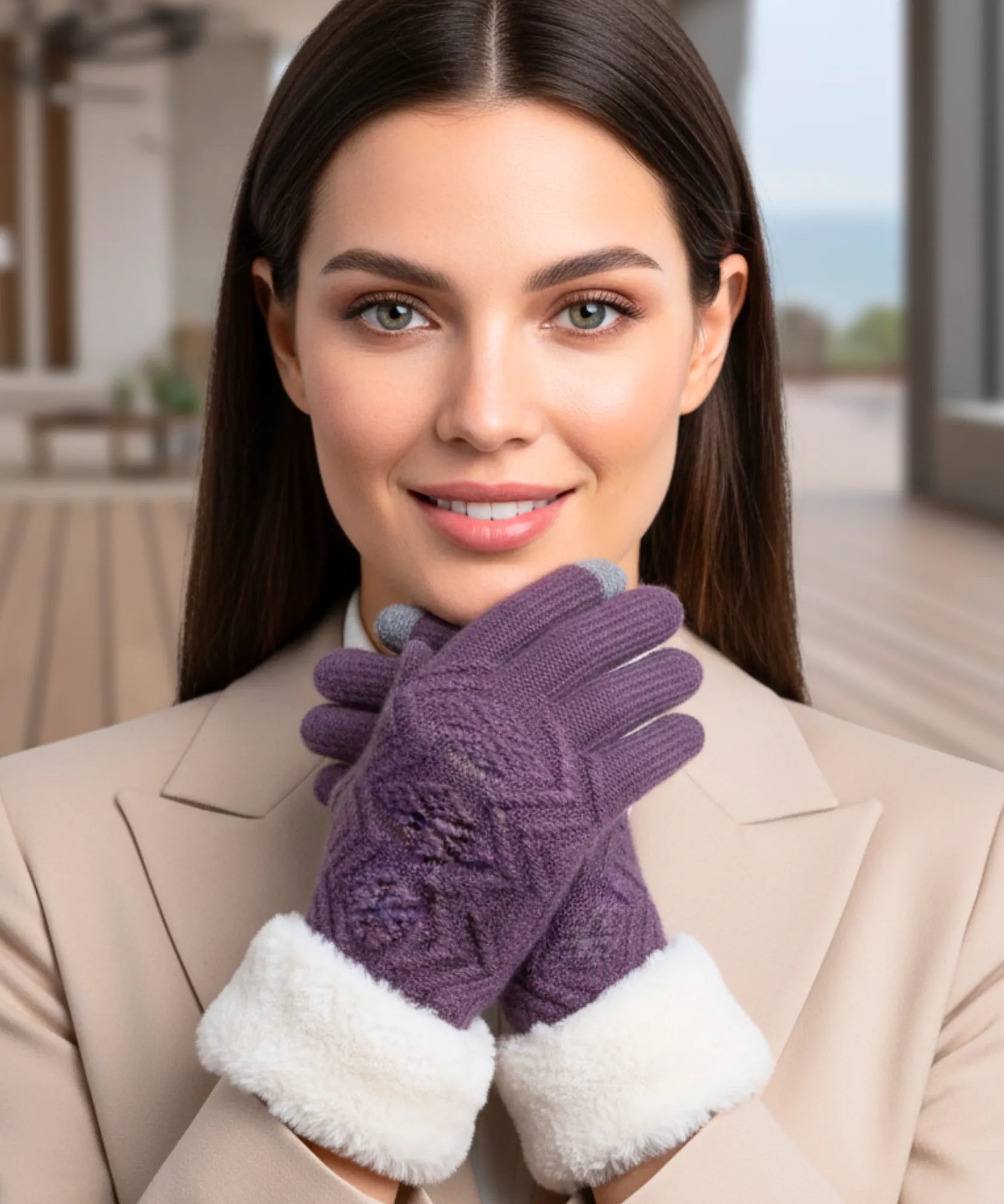 Comprar luva de frio feminina térmica tricotada borda pelúcia forro felpudo touchscreen textura relevo inverno em promoção ANELLIMN