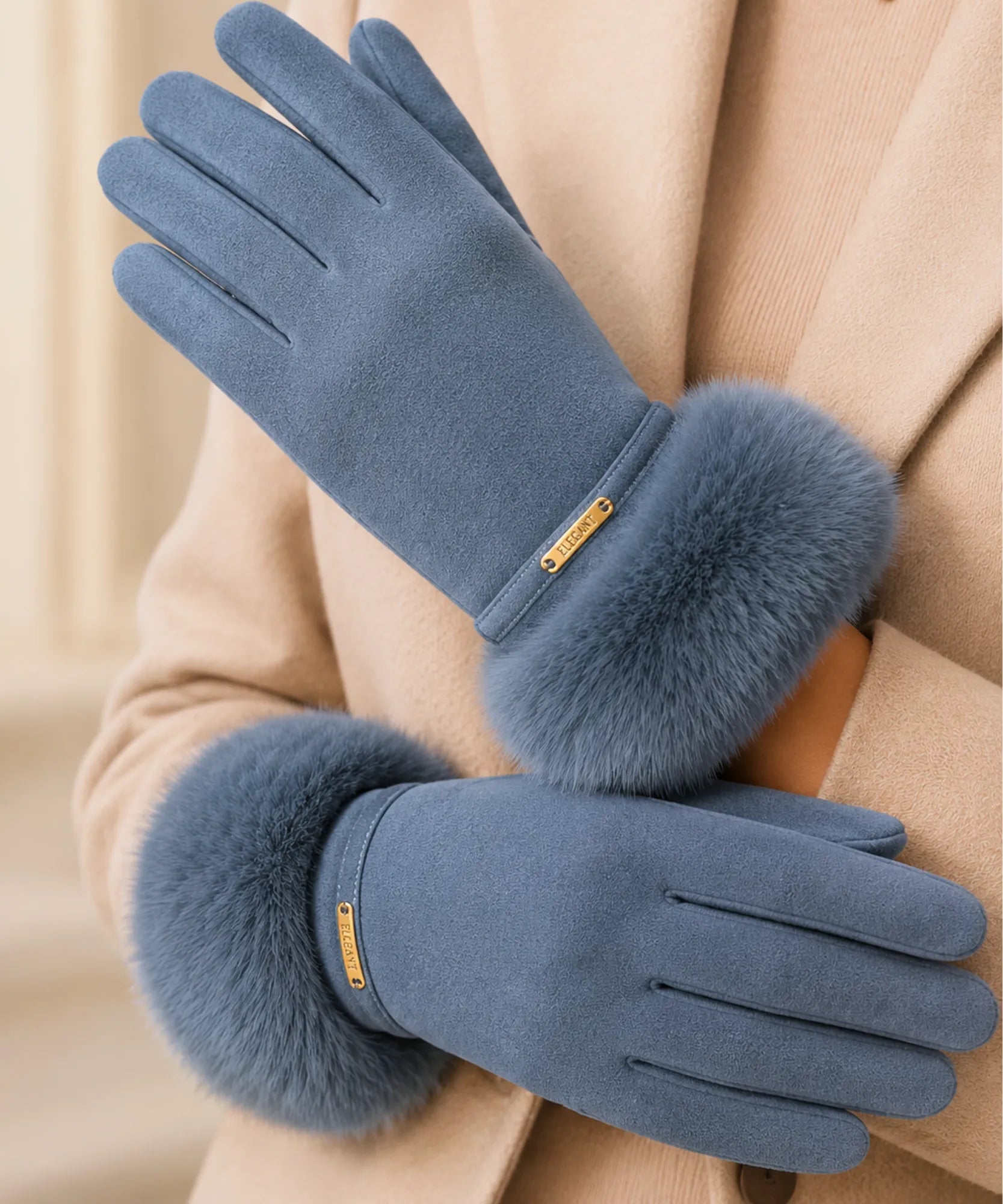 Comprar luva feminina de frio com pelo camurça touchscreen detalhe dourado inverno elegante em promoção ANELLIMN