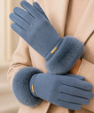 Comprar luva feminina de frio com pelo camurça touchscreen detalhe dourado inverno elegante em promoção ANELLIMN