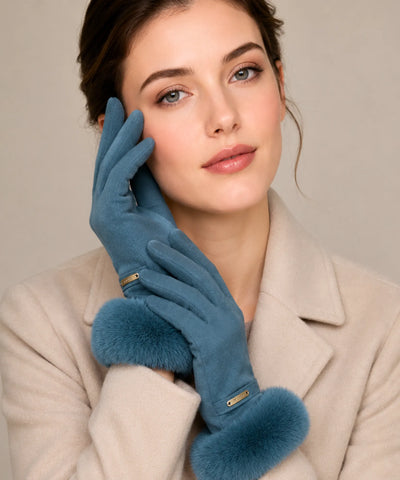 Comprar luva feminina de frio com pelo camurça touchscreen detalhe dourado inverno elegante em promoção ANELLIMN