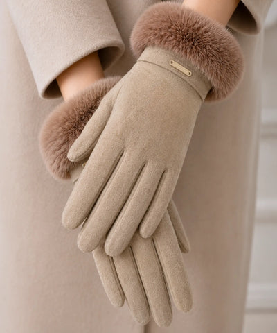 Comprar luva feminina de frio com pelo camurça touchscreen detalhe dourado inverno elegante em promoção ANELLIMN