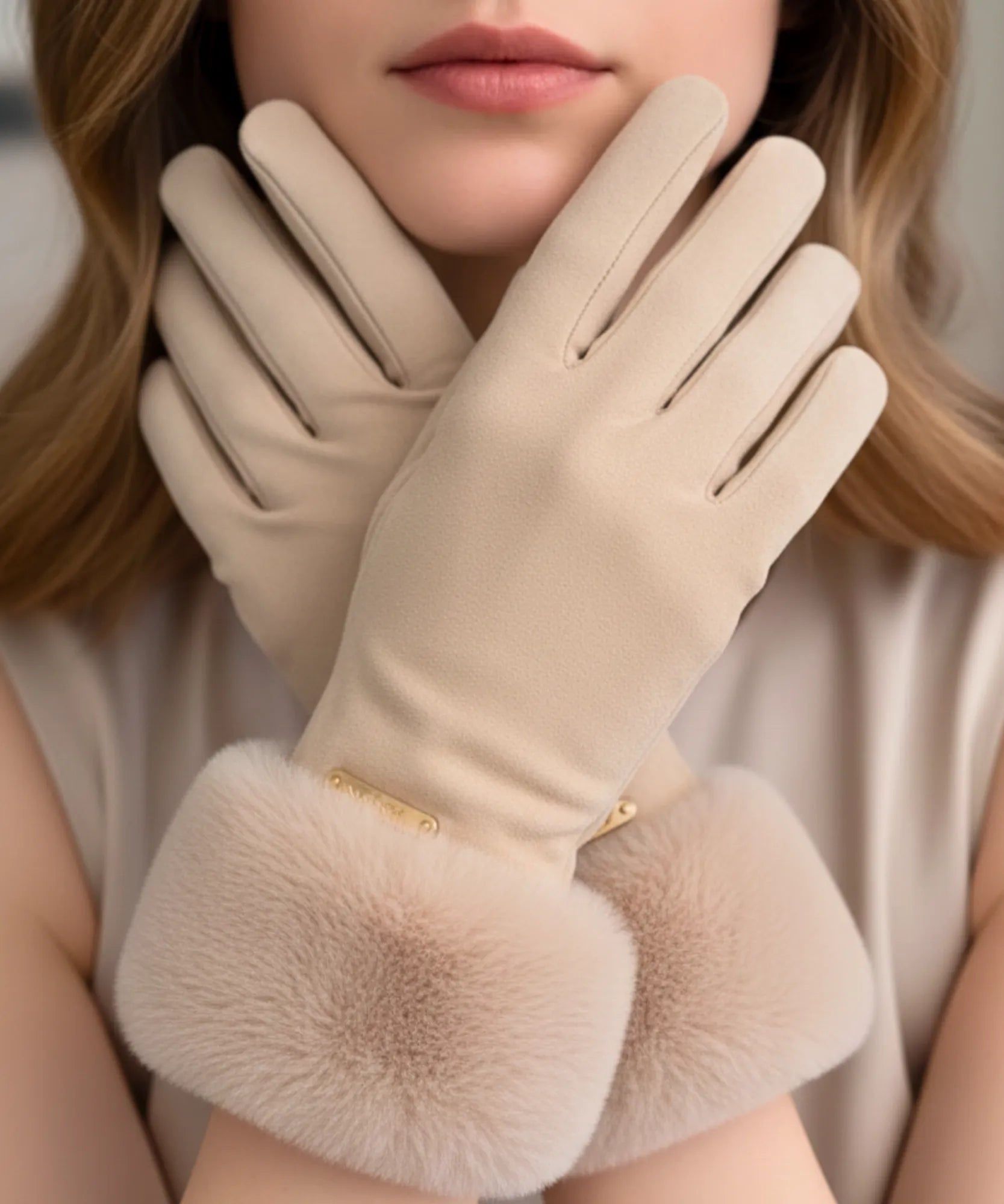 Comprar luva feminina de frio com pelo camurça touchscreen detalhe dourado inverno elegante em promoção ANELLIMN