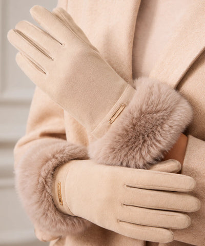 Comprar luva feminina de frio com pelo camurça touchscreen detalhe dourado inverno elegante em promoção ANELLIMN
