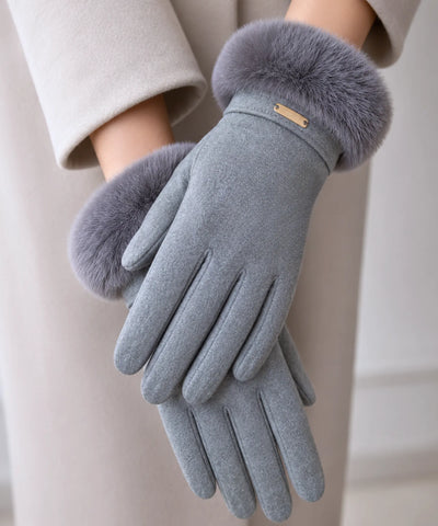 Comprar luva feminina de frio com pelo camurça touchscreen detalhe dourado inverno elegante em promoção ANELLIMN