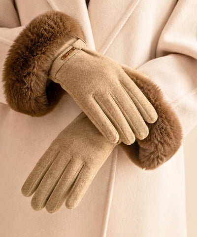 Comprar luva feminina de frio com pelo camurça touchscreen detalhe dourado inverno elegante em promoção ANELLIMN