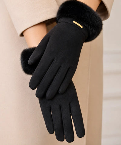 Comprar luva feminina de frio com pelo camurça touchscreen detalhe dourado inverno elegante em promoção ANELLIMN
