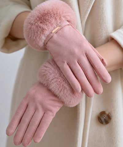 Comprar luva feminina de frio com pelo camurça touchscreen detalhe dourado inverno elegante em promoção ANELLIMN
