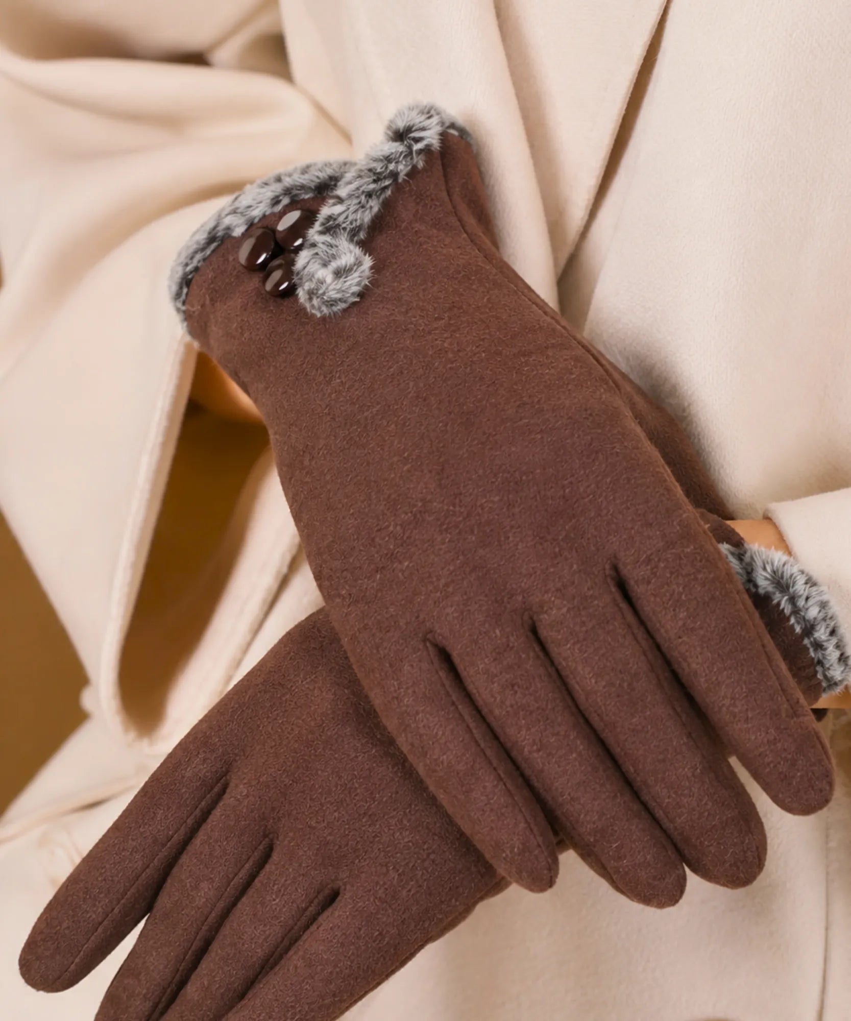 Comprar luva térmica feminina camurça forro felpudo borda pelo touchscreen botões decorativos inverno barato em promoção ANELLIMN