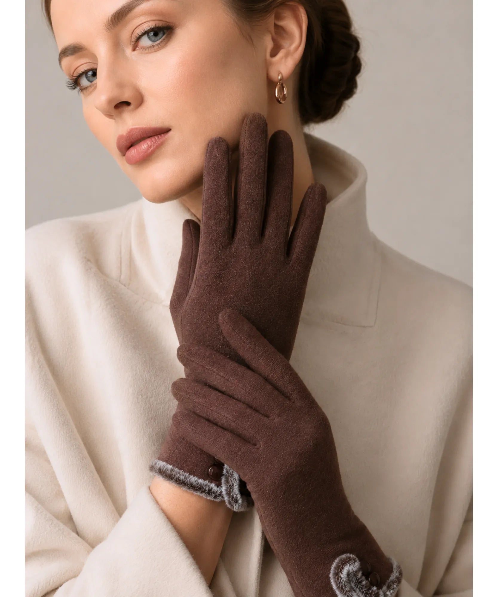 Comprar luva térmica feminina camurça forro felpudo borda pelo touchscreen botões decorativos inverno barato em promoção ANELLIMN
