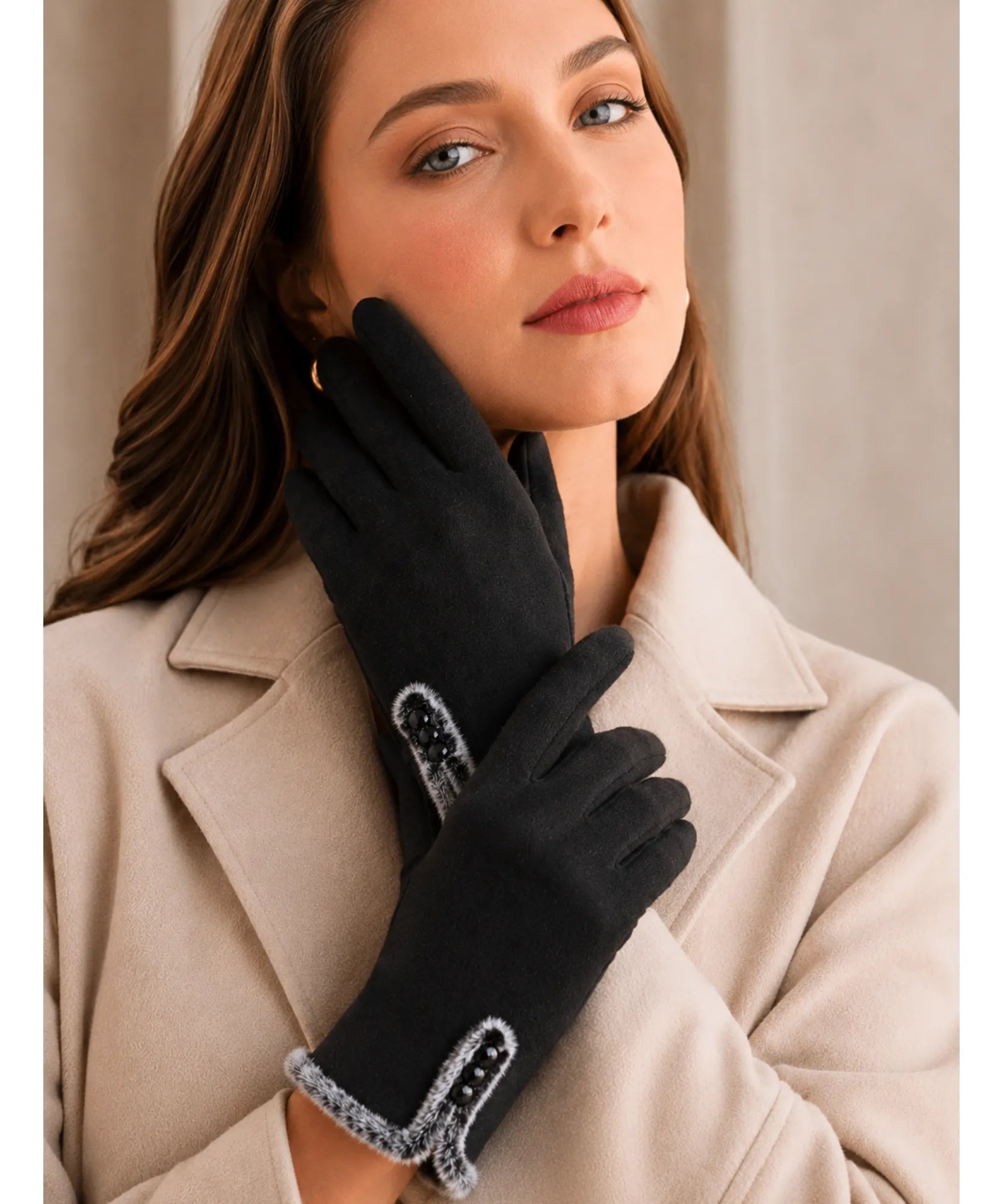 Comprar luva térmica feminina camurça forro felpudo borda pelo touchscreen botões decorativos inverno barato em promoção ANELLIMN
