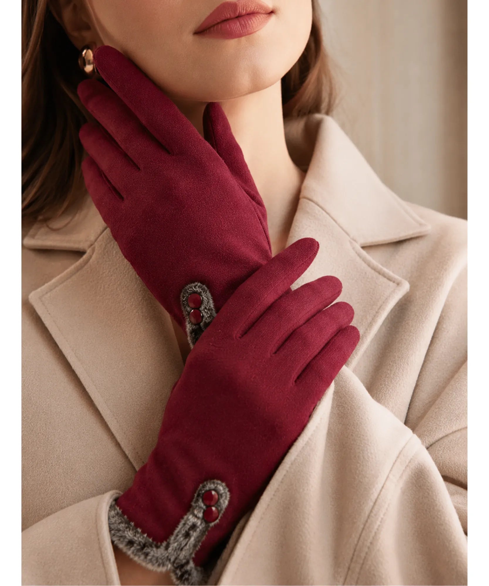 Comprar luva térmica feminina camurça forro felpudo borda pelo touchscreen botões decorativos inverno barato em promoção ANELLIMN