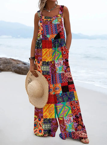 "Macacão Estampado Feminino casual com bolsos funcionais e pernas largas, proporcionando conforto e estilo versátil.