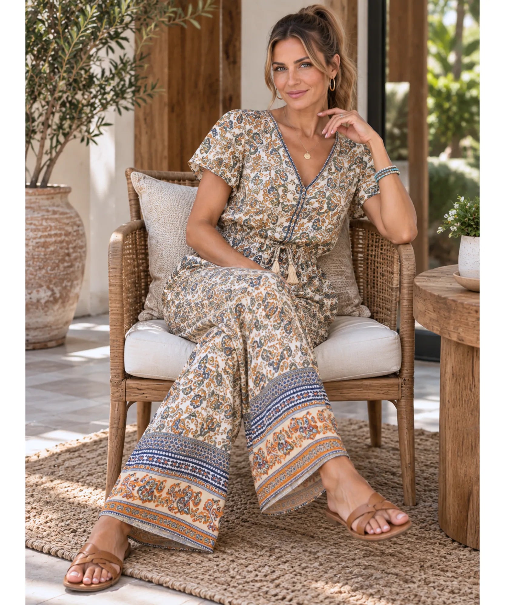 Comprar macacão longo feminino estampado floral viscose em promoção Anellimn