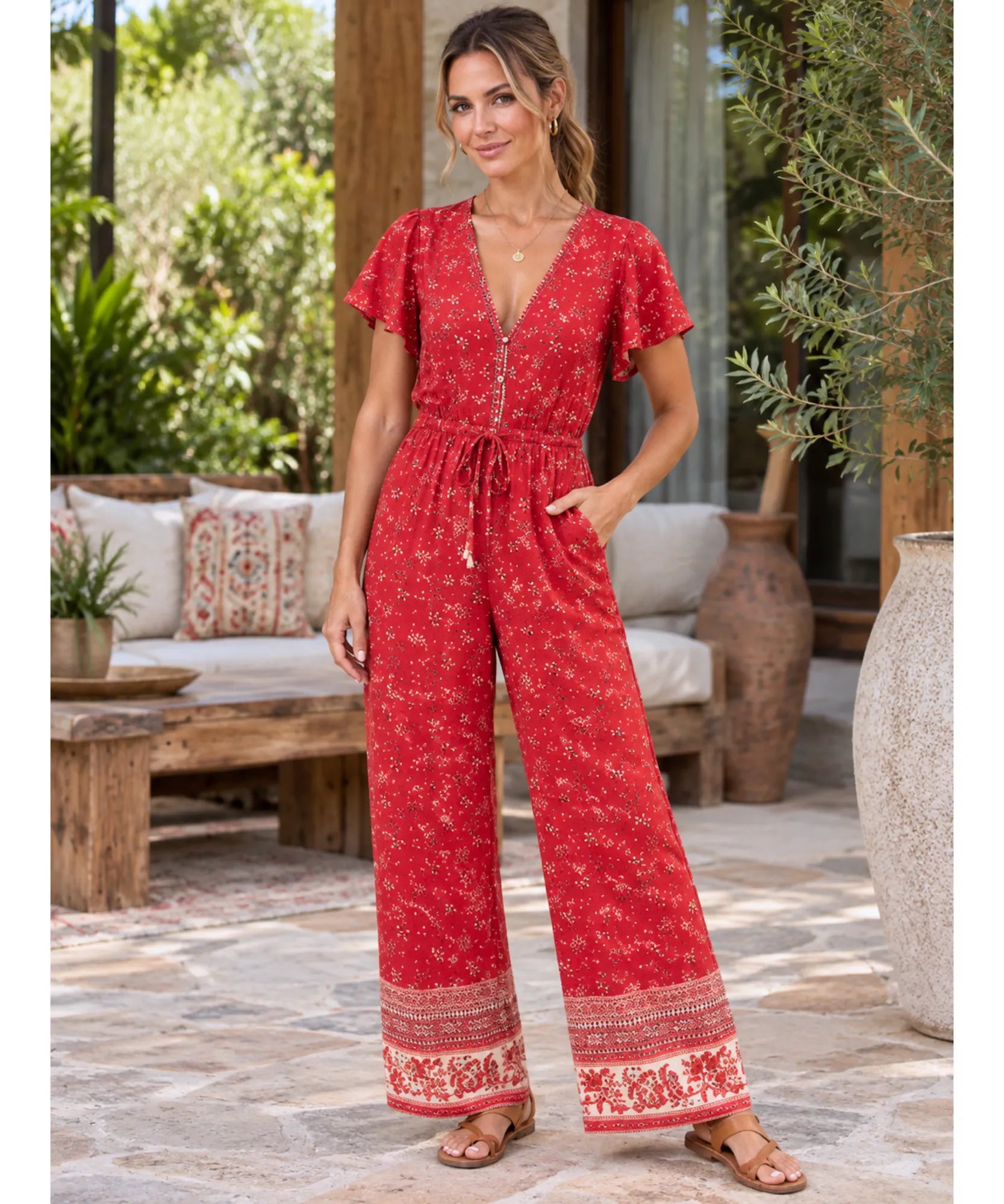Comprar macacão longo feminino estampado floral pantalona em promoção Anellimn
